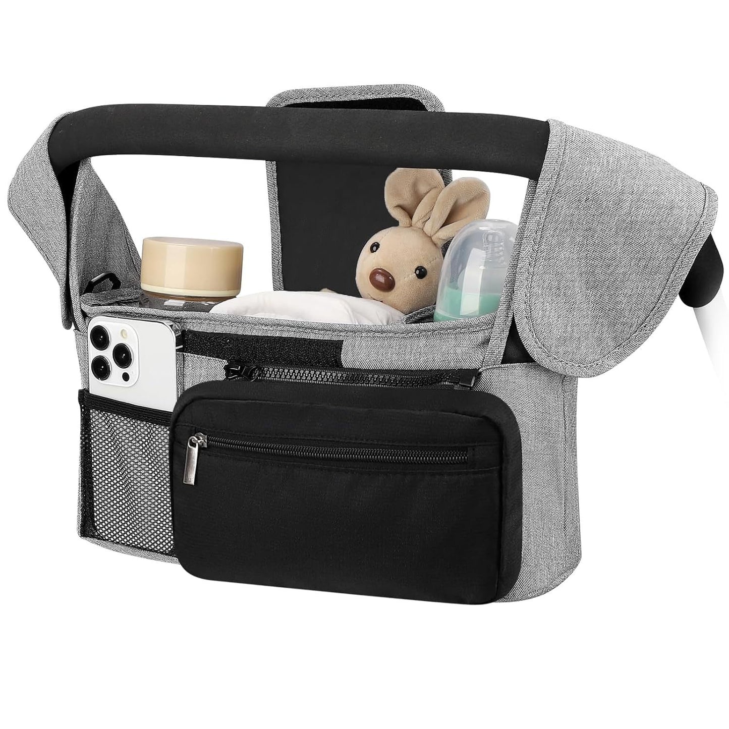 Grey and Black Stitching Universal Stroller Organiser Caddy with Insulated Cup Holders and Detachable Wristlet