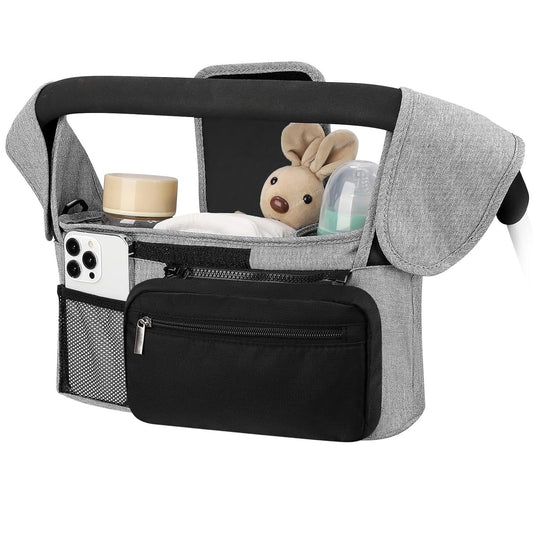 Grey and Black Stitching Universal Stroller Organiser Caddy with Insulated Cup Holders and Detachable Wristlet