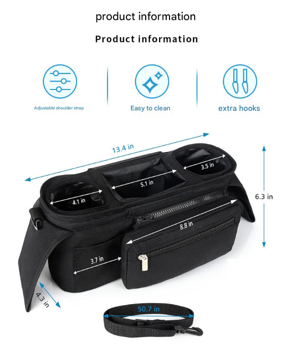 Grey and Black Stitching Universal Stroller Organiser Caddy with Insulated Cup Holders and Detachable Wristlet