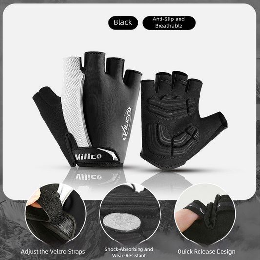 Size M Black Padded Half-Finger Cycling Gloves - Breathable Shock-Absorbing Workout Gloves for Gym & Fitness
