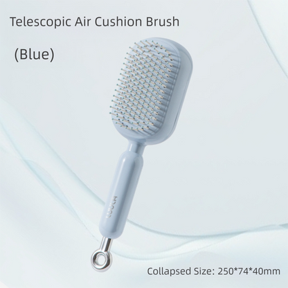 Blue Innovative Self-Cleaning Cushion Hairbrush - Retractable Bristle Detangling & Scalp Massager