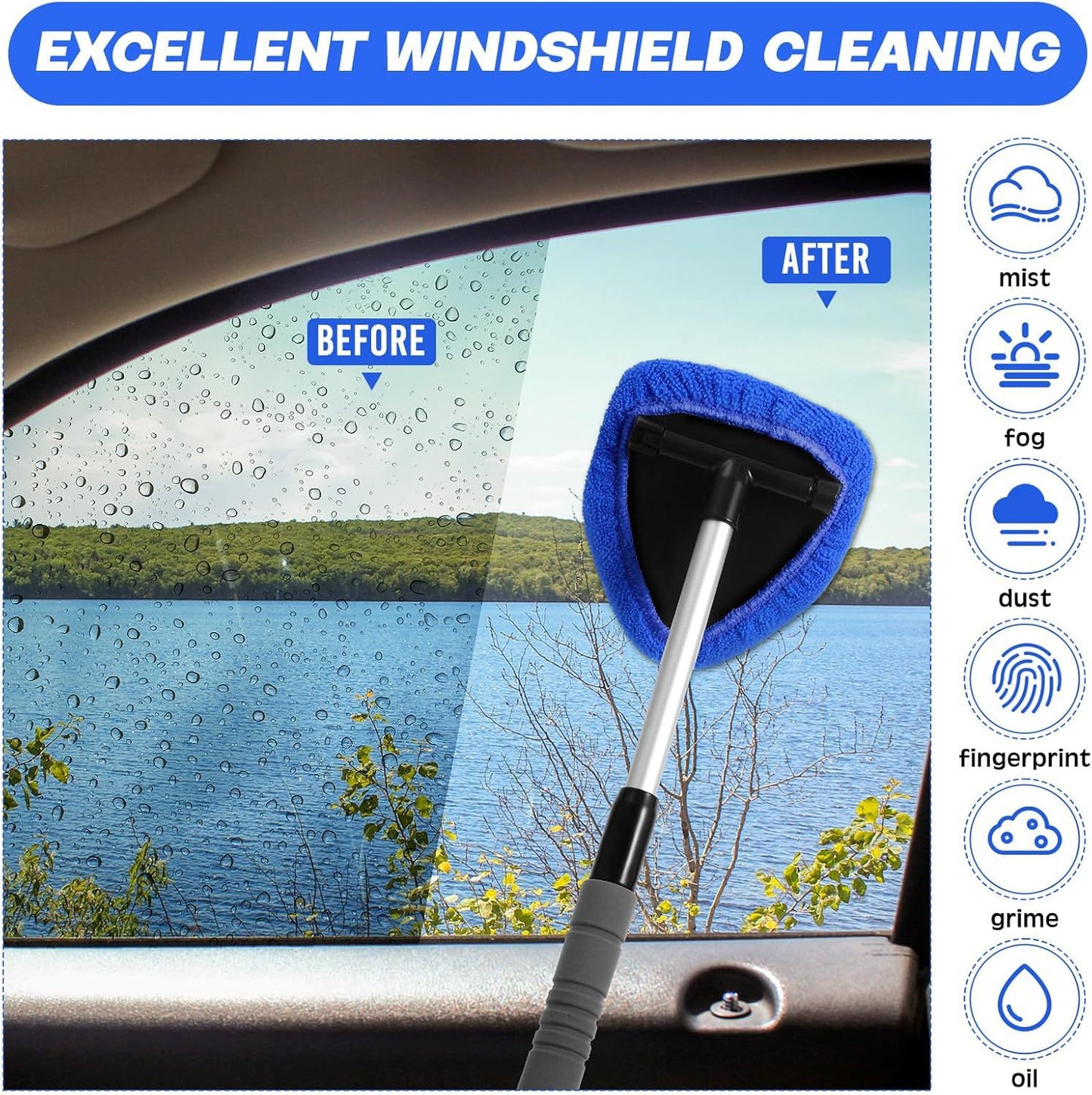 Blue Car Windshield Cleaner Tool, Inside with 4 Reusable and Washable Microfiber Pads and Extendable Handle, Moisture Removal Tool