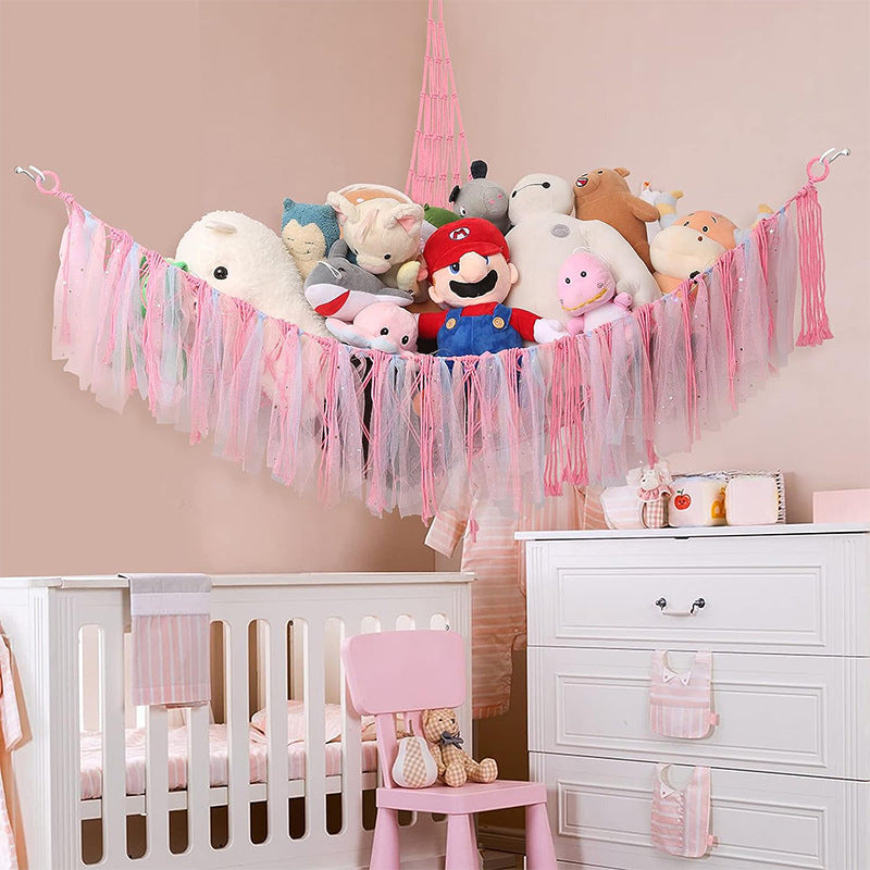 Pink Corner Plush Toy Organizer (100x100x150cm)  with Ribbon Accent & Installation Kit -  Handwoven Cotton Mesh Toy Storage Hammock