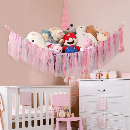 Pink Corner Plush Toy Organizer (100x100x150cm)  with Ribbon Accent & Installation Kit -  Handwoven Cotton Mesh Toy Storage Hammock