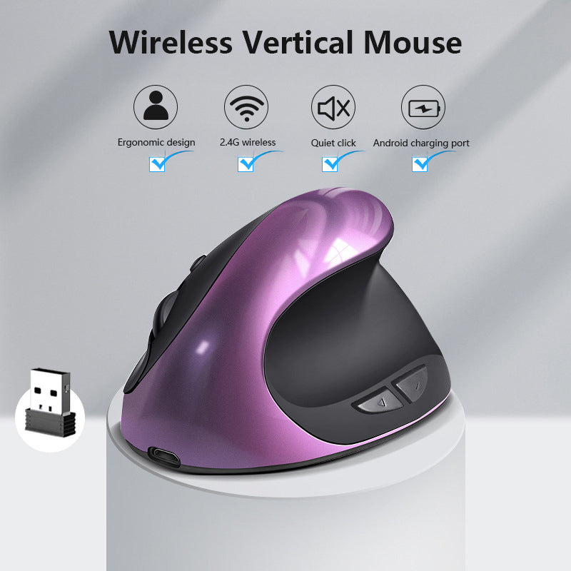 Black 3rd Gen Vertical Wireless Mouse with USB-C Charging - Ergonomic 2.4G Silent Click Design for Office and Laptop Use