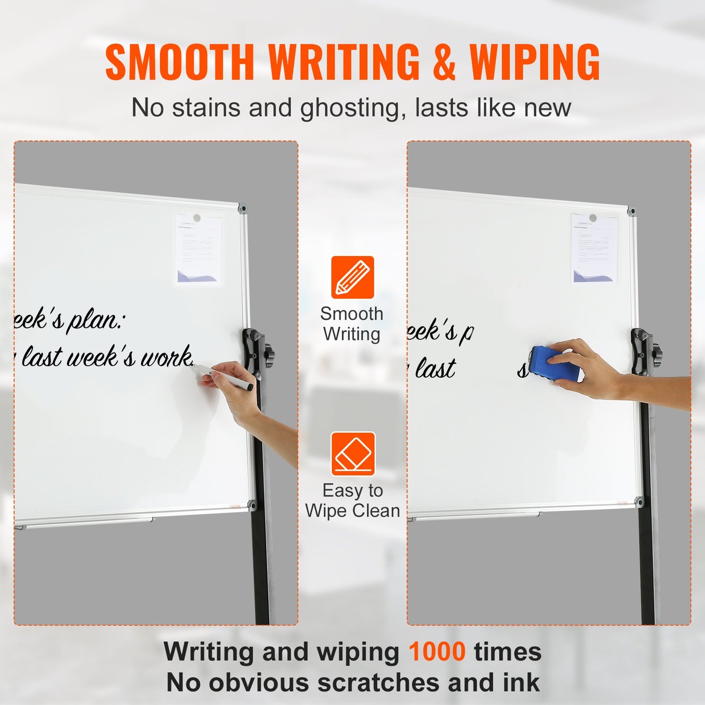 VEVOR 91.5x61cm Rolling Magnetic Whiteboard, Double-sided Mobile Whiteboard, Adjustable Height Dry Erase Board with Wheels, 1 Magnetic Erase & 3 Dry Erase Markers & Movable Tray Office, School