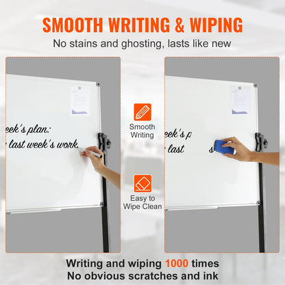 VEVOR 91.5x61cm Rolling Magnetic Whiteboard, Double-sided Mobile Whiteboard, Adjustable Height Dry Erase Board with Wheels, 1 Magnetic Erase & 3 Dry Erase Markers & Movable Tray Office, School