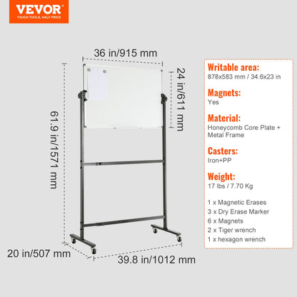 VEVOR 91.5x61cm Rolling Magnetic Whiteboard, Double-sided Mobile Whiteboard, Adjustable Height Dry Erase Board with Wheels, 1 Magnetic Erase & 3 Dry Erase Markers & Movable Tray Office, School
