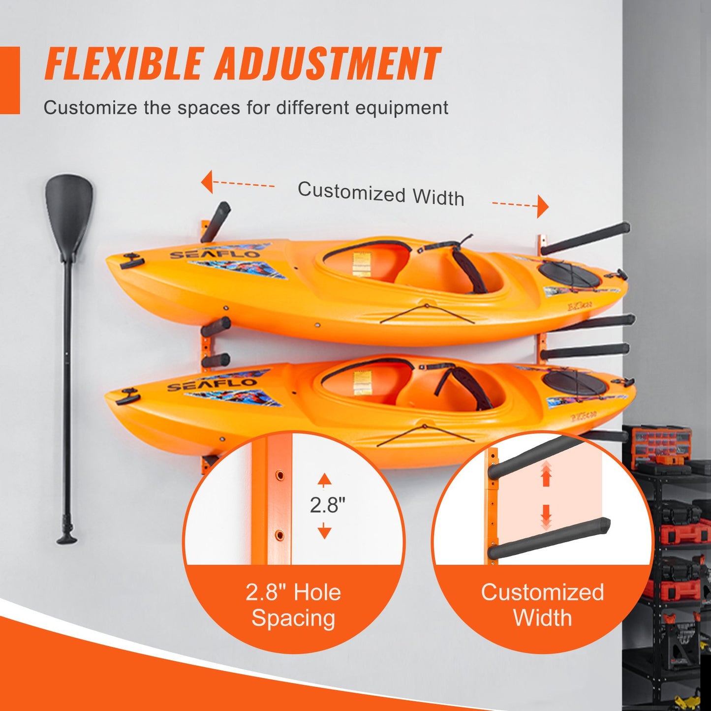 VEVOR Wall Kayak Storage Rack, 4-Capacity Wall Mounted Kayak Holders for Kayak Canoe Paddle Board, Kayak Storage Hooks with Adjustable Padded Arms, 181.6 KG Load Kayak Hanger for Indoor Outdoor Garage