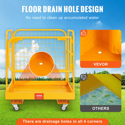 VEVOR Forklift Safety Cage, 544 kg Load Capacity, 92 x 92 cm Folding Forklift Work Platform with Lockable Swivel Wheels, Drain Hole, and Device Chain, Holds 1 to 2 Adults, Perfect for Aerial Work