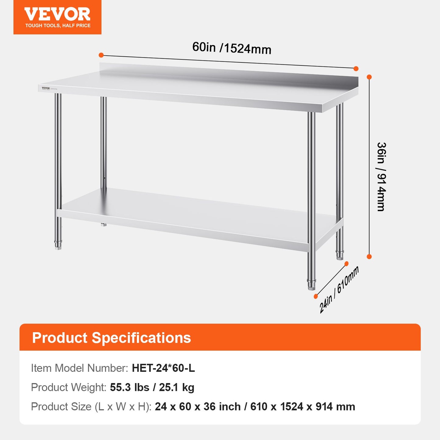 VEVOR 24 x 60 x 36 Inch Stainless Steel Work Table, Commercial Food Prep Worktable Heavy Duty Prep Worktable, Metal Work Table with Adjustable Height for Restaurant, Home and Hotel