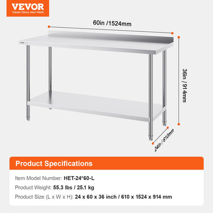 VEVOR 24 x 60 x 36 Inch Stainless Steel Work Table, Commercial Food Prep Worktable Heavy Duty Prep Worktable, Metal Work Table with Adjustable Height for Restaurant, Home and Hotel