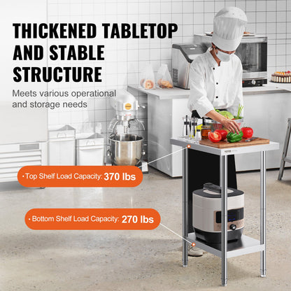 VEVOR Stainless Steel Prep Table, 24 x 18 x 34 Inch, Heavy Duty Metal Worktable with 3 Adjustable Height Levels, Commercial Workstation for Kitchen Garage Restaurant Backyard