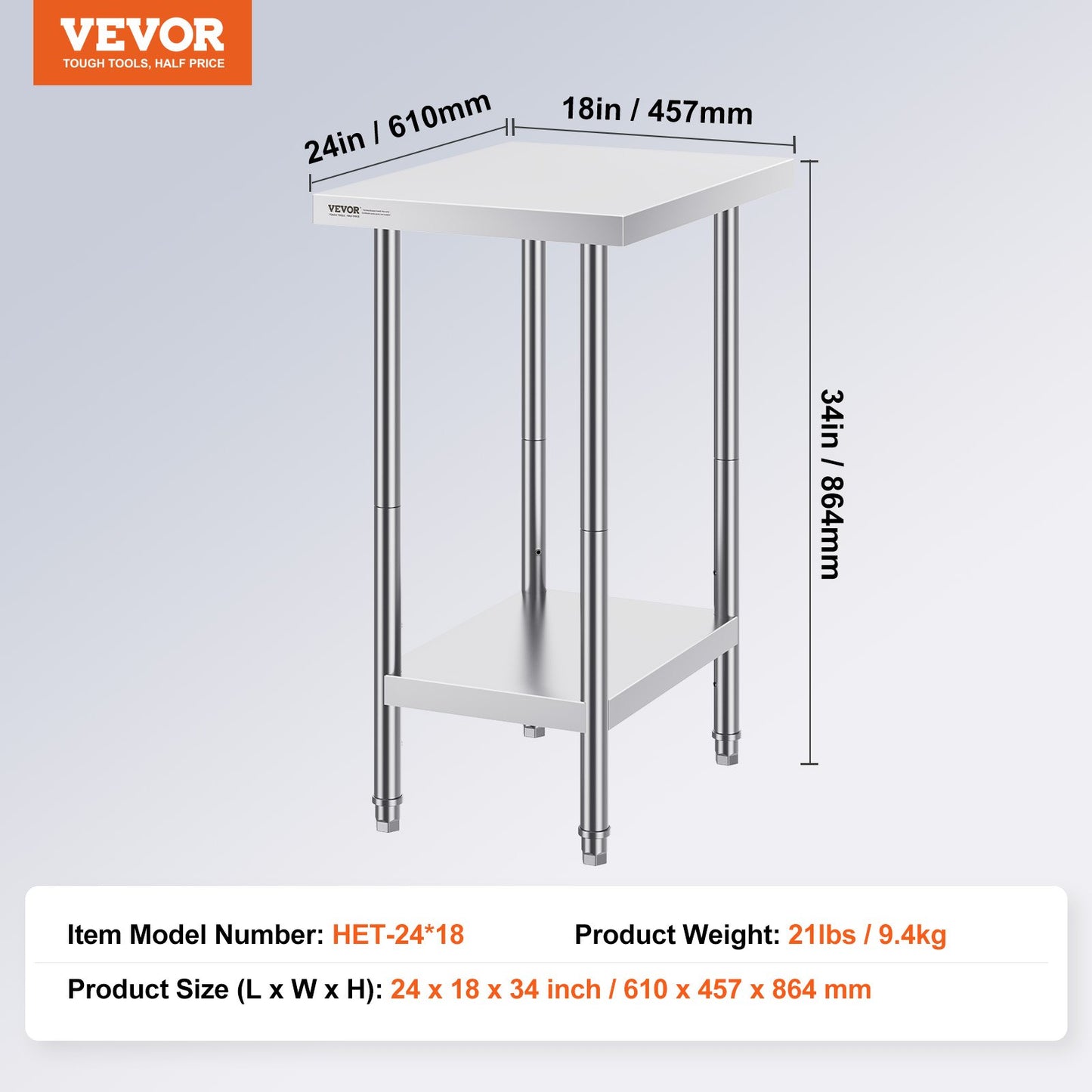 VEVOR Stainless Steel Prep Table, 24 x 18 x 34 Inch, Heavy Duty Metal Worktable with 3 Adjustable Height Levels, Commercial Workstation for Kitchen Garage Restaurant Backyard