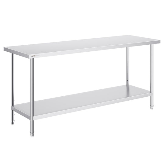 VEVOR Stainless Steel Prep Table, 24 x 72 x 34 Inch, Heavy Duty Metal Worktable with 3 Adjustable Height Levels, Commercial Workstation for Kitchen Garage Restaurant Backyard