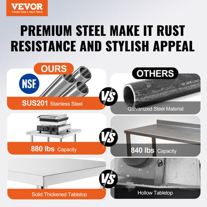 VEVOR Stainless Steel Prep Table, 24 x 72 x 34 Inch, Heavy Duty Metal Worktable with 3 Adjustable Height Levels, Commercial Workstation for Kitchen Garage Restaurant Backyard