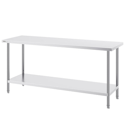VEVOR Stainless Steel Prep Table, 24 x 72 x 34 Inch, Heavy Duty Metal Worktable with 3 Adjustable Height Levels, Commercial Workstation for Kitchen Garage Restaurant Backyard