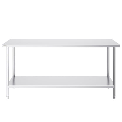 VEVOR Stainless Steel Prep Table, 24 x 72 x 34 Inch, Heavy Duty Metal Worktable with 3 Adjustable Height Levels, Commercial Workstation for Kitchen Garage Restaurant Backyard