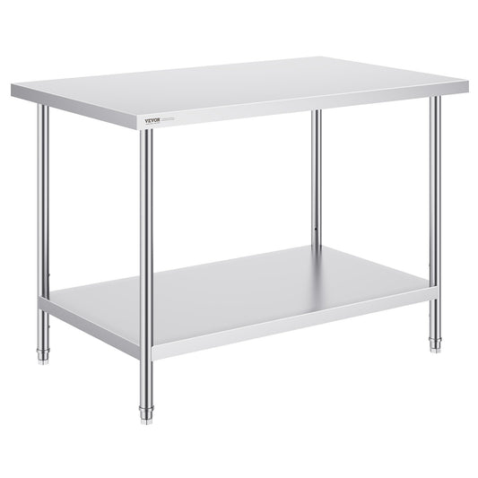 VEVOR Stainless Steel Prep Table, 30 x 48 x 34 Inch, Heavy Duty Metal Worktable with 3 Adjustable Height Levels, Commercial Workstation for Kitchen Garage Restaurant Backyard