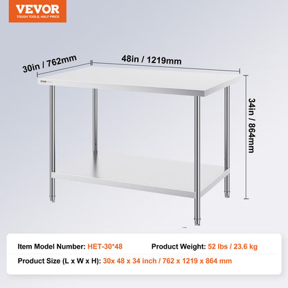 VEVOR Stainless Steel Prep Table, 30 x 48 x 34 Inch, Heavy Duty Metal Worktable with 3 Adjustable Height Levels, Commercial Workstation for Kitchen Garage Restaurant Backyard