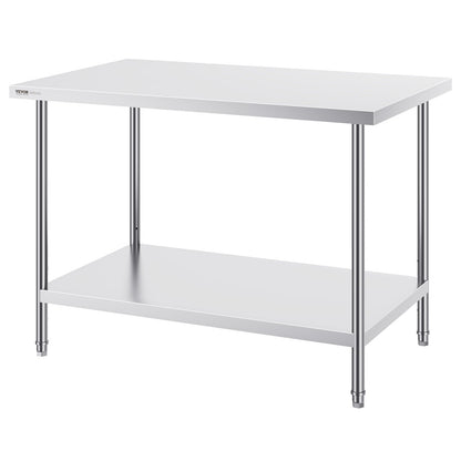 VEVOR Stainless Steel Prep Table, 30 x 48 x 34 Inch, Heavy Duty Metal Worktable with 3 Adjustable Height Levels, Commercial Workstation for Kitchen Garage Restaurant Backyard