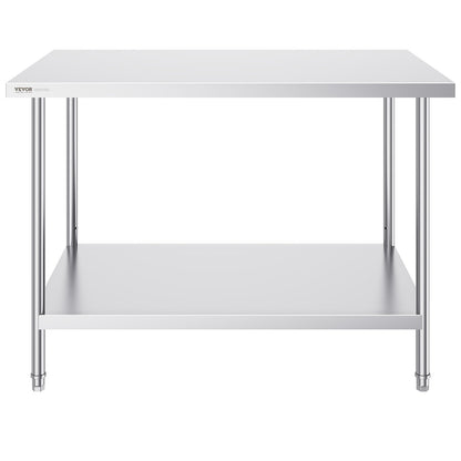 VEVOR Stainless Steel Prep Table, 30 x 48 x 34 Inch, Heavy Duty Metal Worktable with 3 Adjustable Height Levels, Commercial Workstation for Kitchen Garage Restaurant Backyard