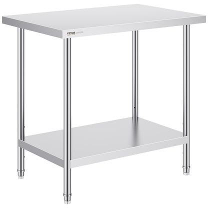 VEVOR Stainless Steel Prep Table, 24 x 36 x 34 Inch, Heavy Duty Metal Worktable with 3 Adjustable Height Levels, Commercial Workstation for Kitchen Garage Restaurant Backyard