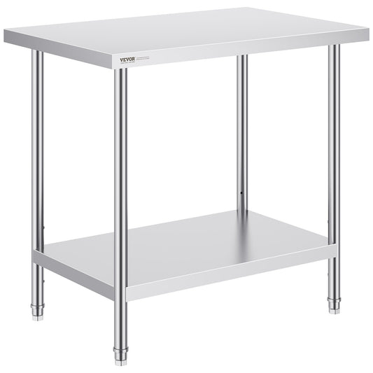VEVOR Stainless Steel Prep Table, 24 x 36 x 34 Inch, Heavy Duty Metal Worktable with 3 Adjustable Height Levels, Commercial Workstation for Kitchen Garage Restaurant Backyard