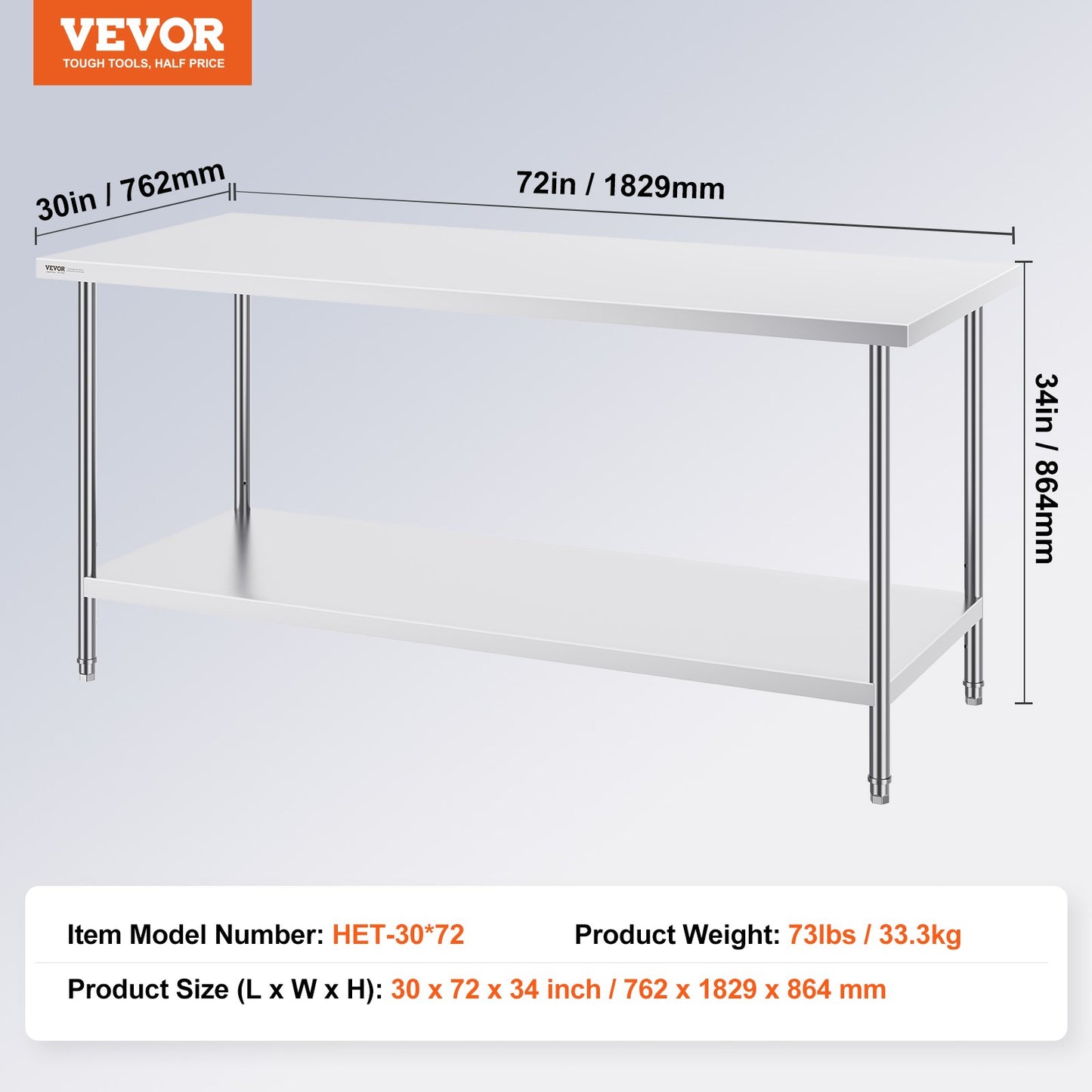 VEVOR Stainless Steel Prep Table, 30 x 72 x 34 Inch, Heavy Duty Metal Worktable with 3 Adjustable Height Levels, Commercial Workstation for Kitchen Garage Restaurant Backyard