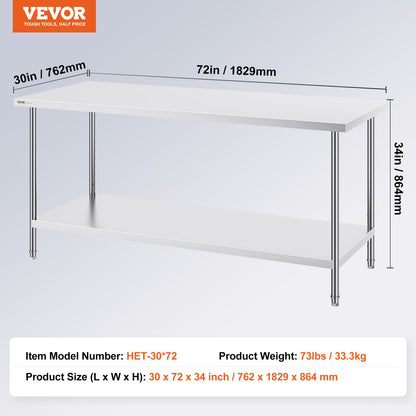 VEVOR Stainless Steel Prep Table, 30 x 72 x 34 Inch, Heavy Duty Metal Worktable with 3 Adjustable Height Levels, Commercial Workstation for Kitchen Garage Restaurant Backyard