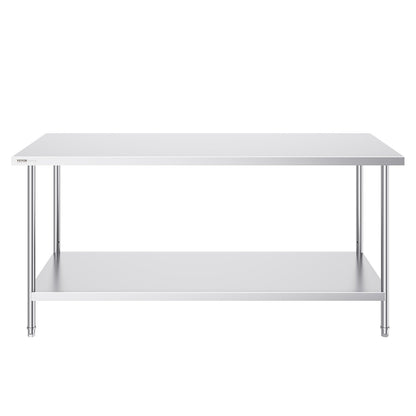VEVOR Stainless Steel Prep Table, 30 x 72 x 34 Inch, Heavy Duty Metal Worktable with 3 Adjustable Height Levels, Commercial Workstation for Kitchen Garage Restaurant Backyard