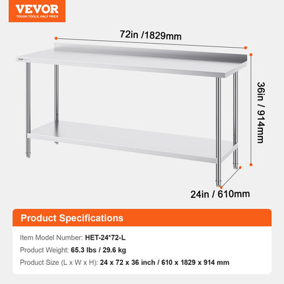 VEVOR 24 x 72 x 36 Inch Stainless Steel Work Table, Commercial Food Prep Worktable Heavy Duty Prep Worktable, Metal Work Table with Adjustable Height for Restaurant, Home and Hotel