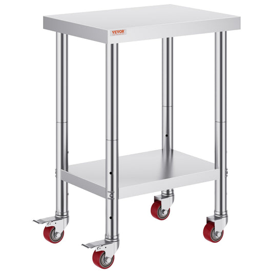 VEVOR 24x18x34 Inch Stainless Steel Work Table 3-Stage Adjustable Shelf with 4 Wheels Heavy Duty Commercial Food Prep Worktable with Brake for Kitchen Prep Work