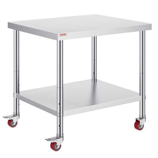 VEVOR 30x36x34 Inch Stainless Steel Work Table 3-Stage Adjustable Shelf with 4 Wheels Heavy Duty Commercial Food Prep Worktable with Brake for Kitchen Prep Work