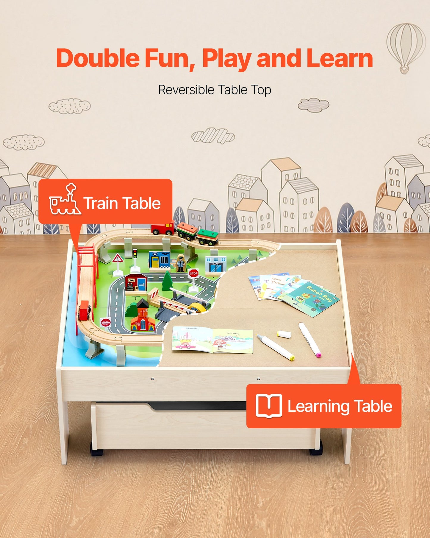 VEVOR Train Table 100 PCS Wooden Kids Activity Table with Rolling Storage Drawer