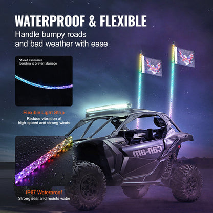 VEVOR 2 PCS 5 FT Whip Light, APP & RF Remote Control Led Whip Light, Waterproof Spiral RGB Chasing Lighted Whips with 4 Flags, for UTVs, ATVs, Motorcycles, RZR, Can-am, Trucks, Off-road, Go-karts