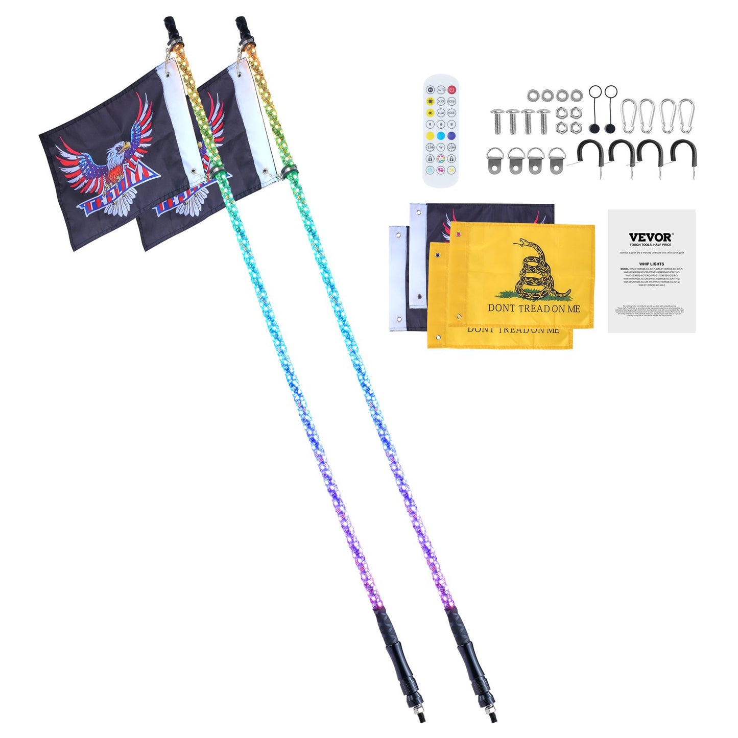 VEVOR 2 PCS 5 FT Whip Light, APP & RF Remote Control Led Whip Light, Waterproof Spiral RGB Chasing Lighted Whips with 4 Flags, for UTVs, ATVs, Motorcycles, RZR, Can-am, Trucks, Off-road, Go-karts