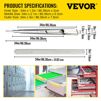 VEVOR Drawer Slide Soft Close Drawer 1Pair 34" Ball Bearing Full Extension 500lb