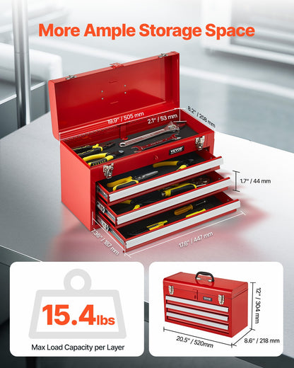 VEVOR Tool Box 520 mm Portable Metal Tool Box 3 Drawers Tool Organizer Red