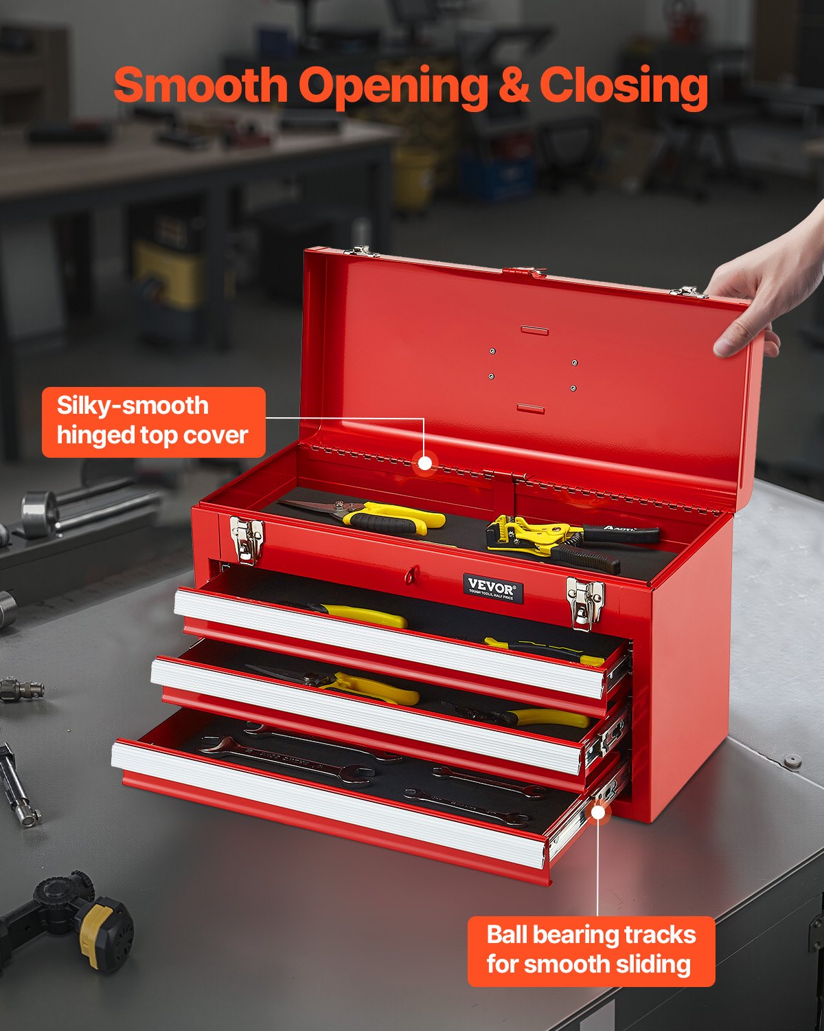 VEVOR Tool Box 520 mm Portable Metal Tool Box 3 Drawers Tool Organizer Red