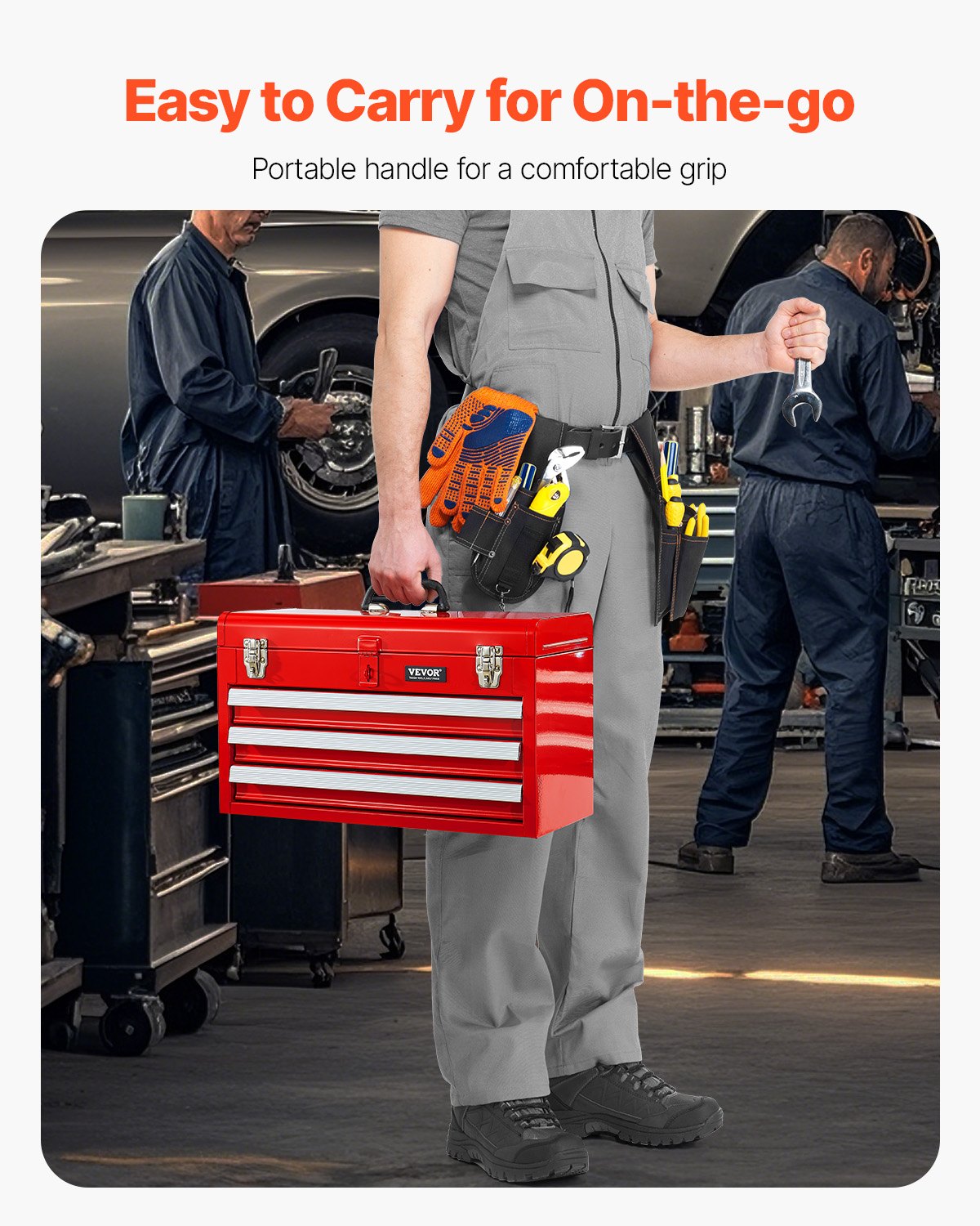 VEVOR Tool Box 520 mm Portable Metal Tool Box 3 Drawers Tool Organizer Red