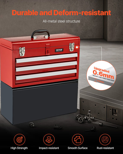 VEVOR Tool Box 520 mm Portable Metal Tool Box 3 Drawers Tool Organizer Red