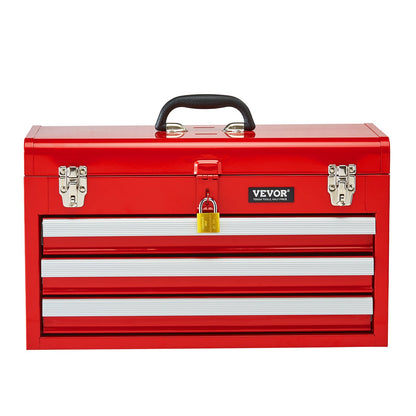 VEVOR Tool Box 520 mm Portable Metal Tool Box 3 Drawers Tool Organizer Red
