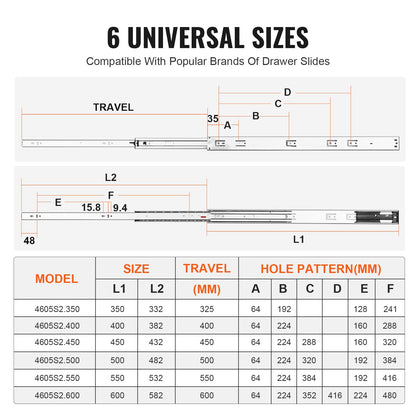 VEVOR 10 Pairs of 609.6mm Drawer Slides Side Mount Rails, Heavy Duty Full Extension Steel Track, Soft-Close Noiseless Guide Glides Cabinet Kitchen Runners with Ball Bearing, 100 Lbs Load Capacity