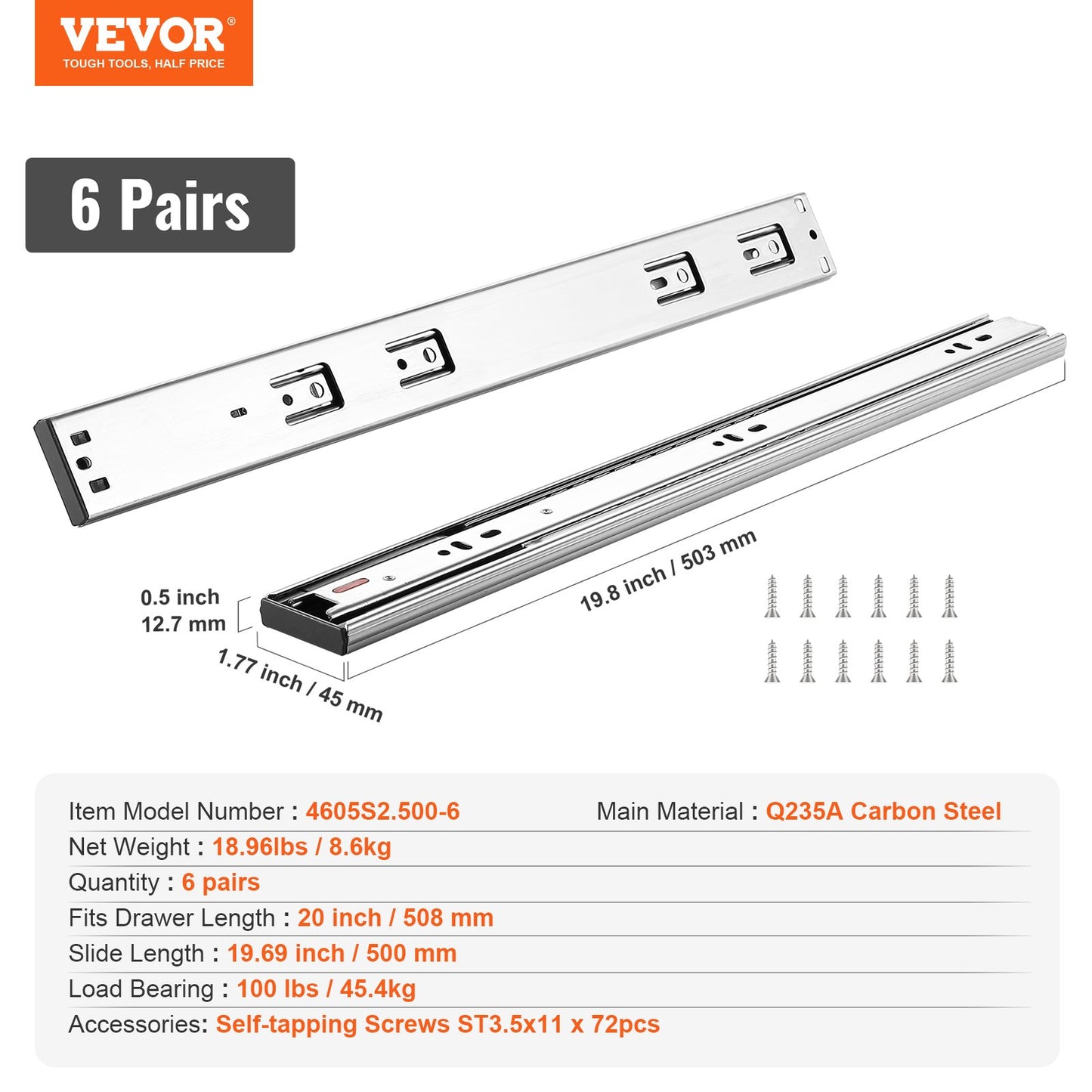 VEVOR 6 Pairs of 508mm Drawer Slides Side Mount Rails, Heavy Duty Full Extension Steel Track, Soft-Close Noiseless Guide Glides Cabinet Kitchen Runners with Ball Bearing, 100 Lbs Load Capacity
