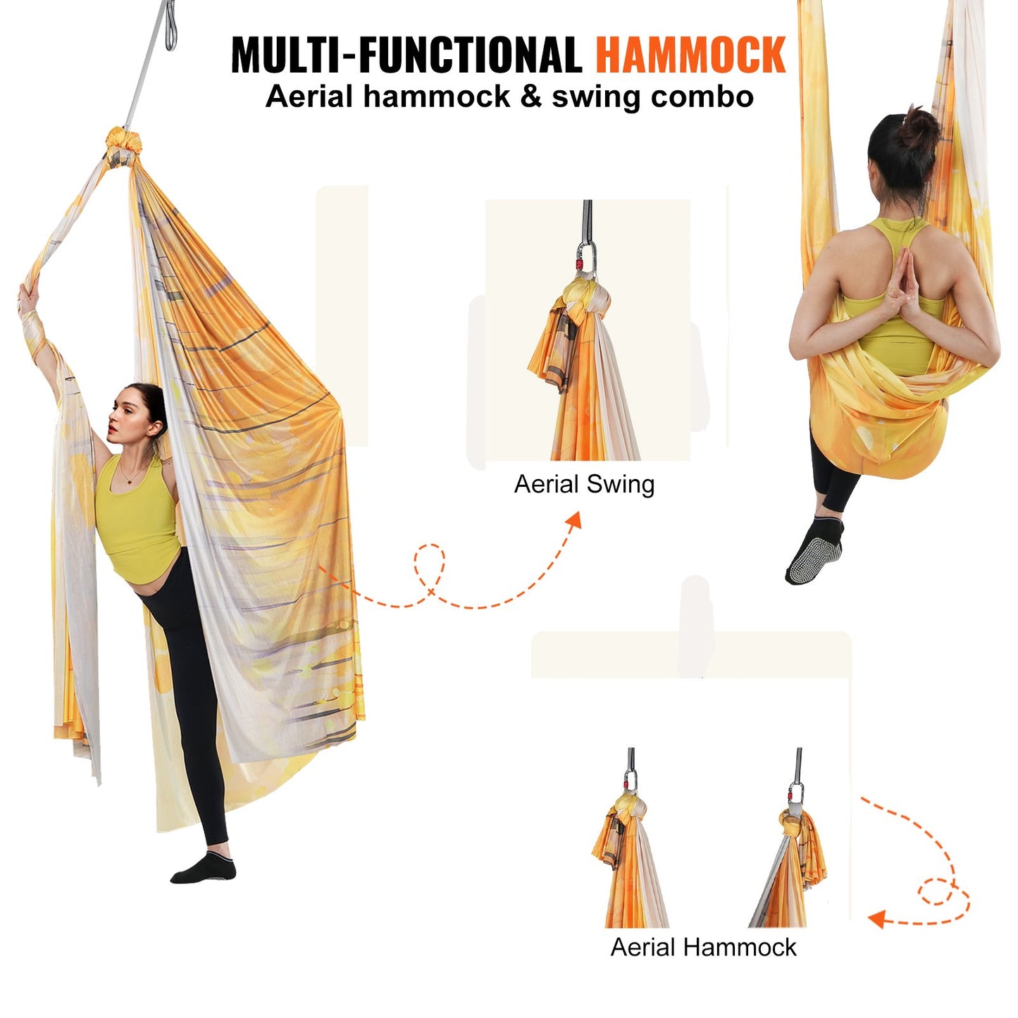 VEVOR Aerial Yoga Hammock & Swing, 5 m Length, Aerial Yoga Starter Kit with 100gsm Nylon Fabric, Full Rigging Hardware & Easy Set-up Guide, Antigravity Flying for All Levels Fitness Bodybuilding, Gold