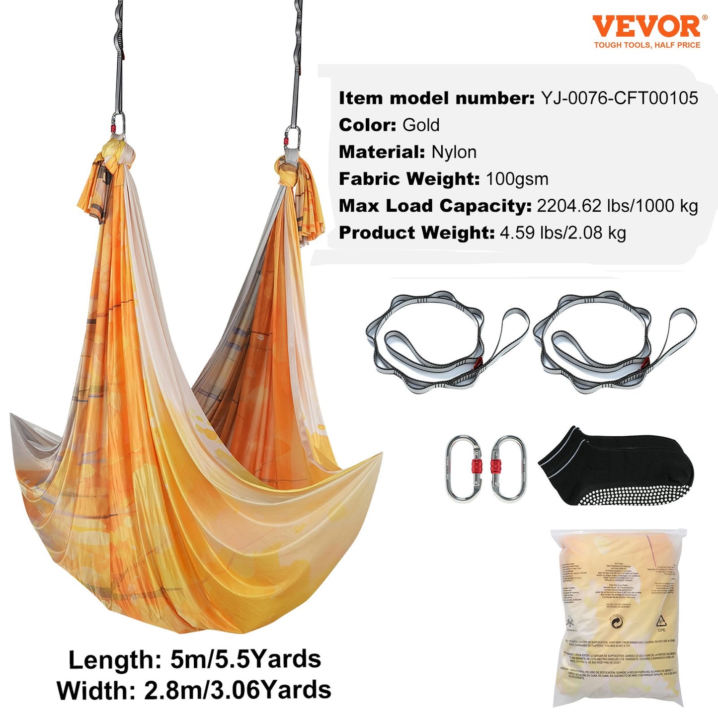 VEVOR Aerial Yoga Hammock & Swing, 5 m Length, Aerial Yoga Starter Kit with 100gsm Nylon Fabric, Full Rigging Hardware & Easy Set-up Guide, Antigravity Flying for All Levels Fitness Bodybuilding, Gold