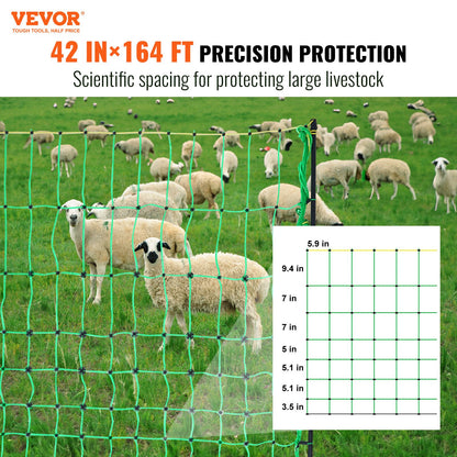 VEVOR Electric Fence Netting, 1.06 x 49.98 m, PE Net Fencing with Posts & Double-Spiked Stakes, Utility Portable Mesh for Goats, Sheep, Lambs, Deer, Hogs, Dogs, Used in Backyards, Farms, and Ranches