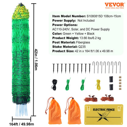 VEVOR Electric Fence Netting, 1.06 x 49.98 m, PE Net Fencing with Posts & Double-Spiked Stakes, Utility Portable Mesh for Goats, Sheep, Lambs, Deer, Hogs, Dogs, Used in Backyards, Farms, and Ranches