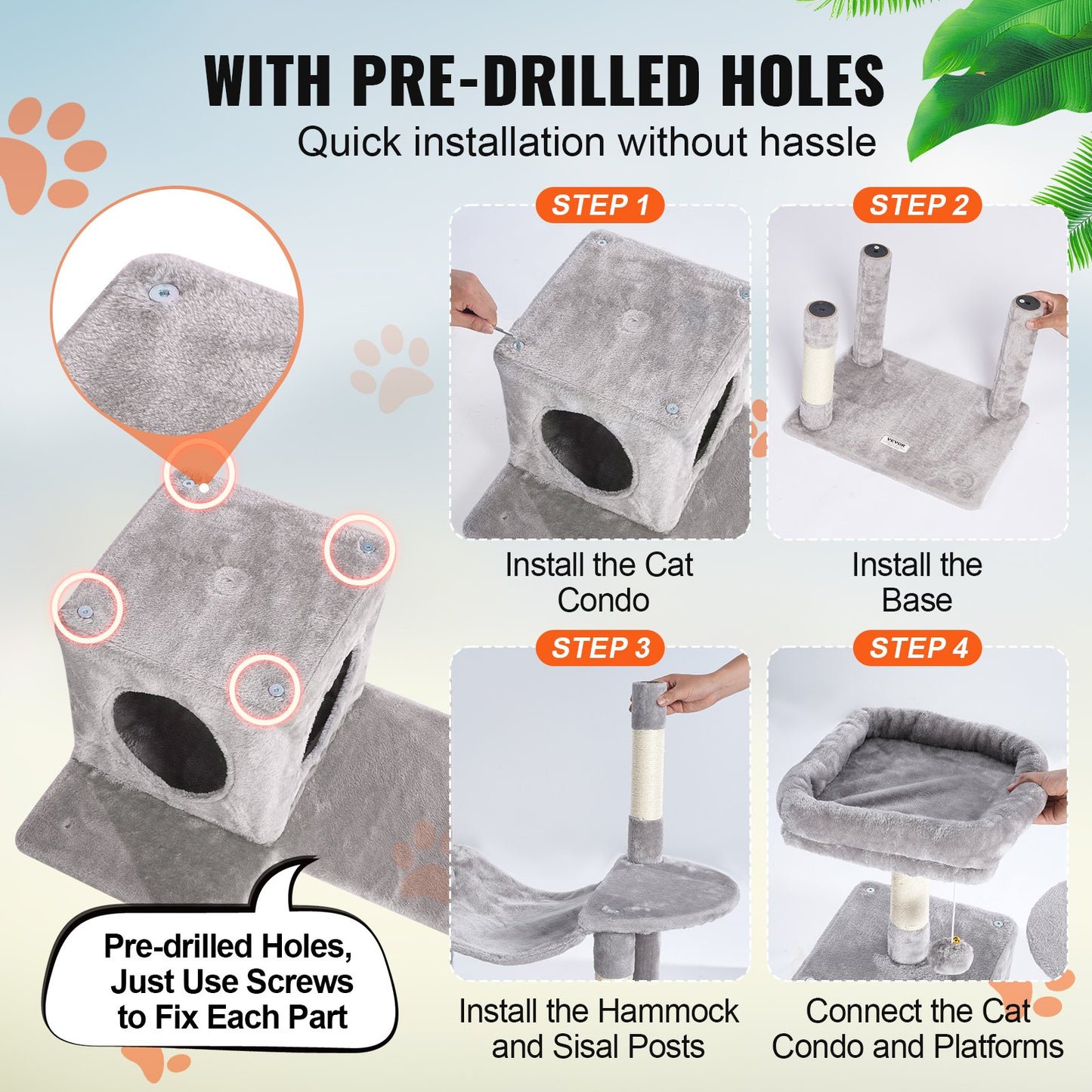 VEVOR Cat Tree 143 cm Cat Tower with Cat Condo Sisal Scratching Post Light Grey